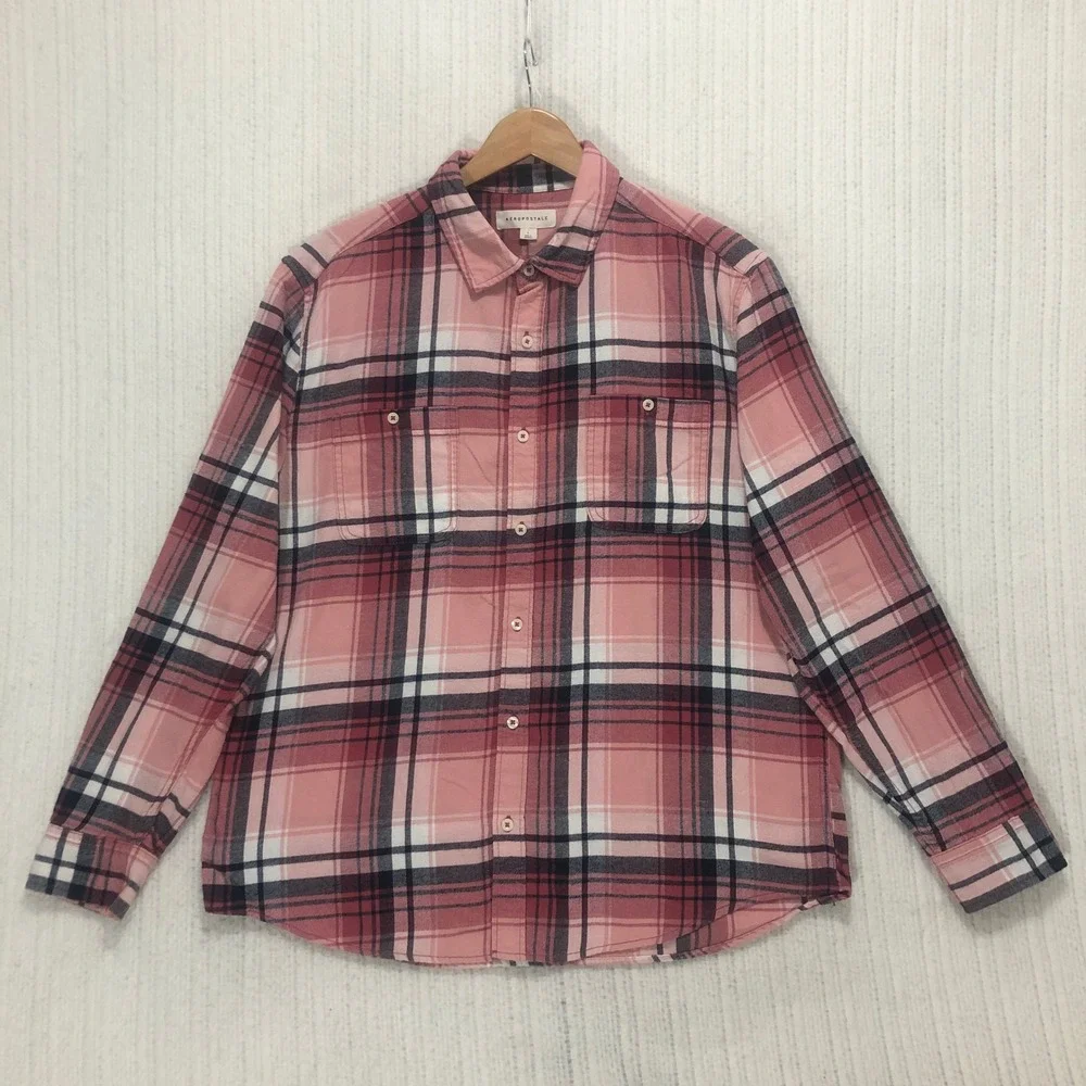 Aeropostale Mens Pink Navy Blue Plaid Flannel Button Down Shirt Large‎ RN 154379